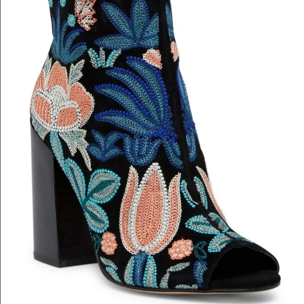 Billie Embroidered Suede Peep-toe Bootie In Black Suede **Never Worn**